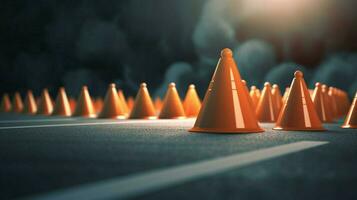 traffic cones in a line creating barrier on busy photo