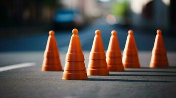 traffic cones in a line creating barrier on busy photo