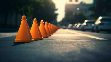 traffic cones in a line creating barrier on busy photo