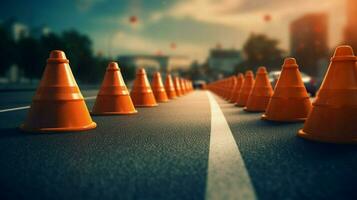 traffic cones in a line creating barrier on busy photo