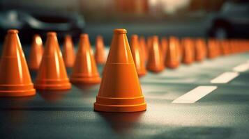 traffic cones in a line creating barrier on busy photo