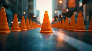 traffic cones in a row on a busy street with photo