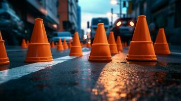 tráfico conos en un fila en un ocupado calle con foto