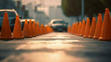 traffic cones in a row on a busy street with photo