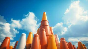 traffic cones in a stack with blue sky and clouds photo