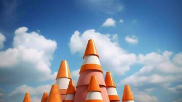 traffic cones in a stack with blue sky and clouds photo