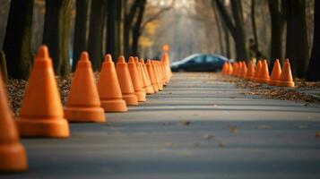 traffic cones in a straight line creating a safe photo