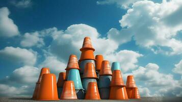 traffic cones in a stack with blue sky and clouds photo