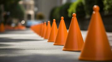 traffic cones in a straight line creating a safe photo