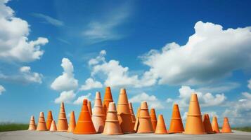 traffic cones in a stack with blue sky and clouds photo