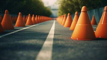 traffic cones in line forming straight photo