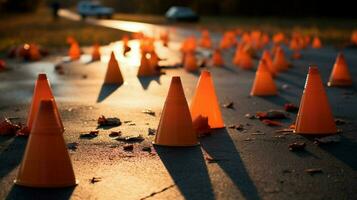 traffic cones scattered on the ground photo