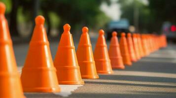 traffic cones lined up in a straight row to mark photo