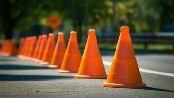 traffic cones lined up in a straight row to mark photo