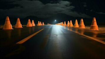 tráfico conos en un abandonado la carretera a noche foto