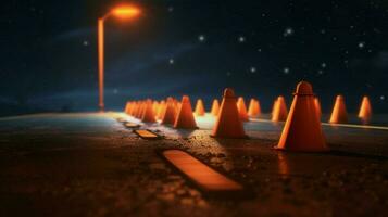 traffic cones on a deserted road at night photo