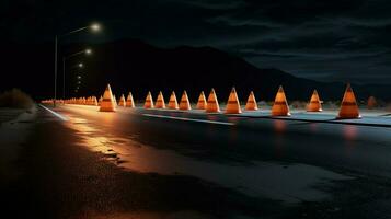 traffic cones on a deserted road at night photo