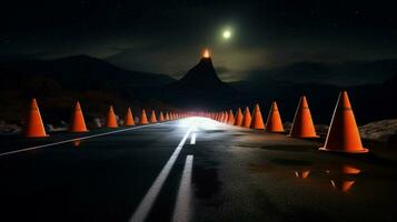 tráfico conos en un abandonado la carretera a noche foto