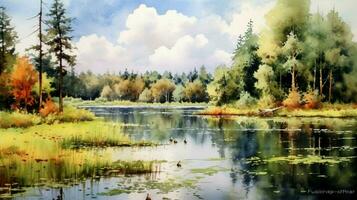 tranquil summer scenery a watercolor painting photo