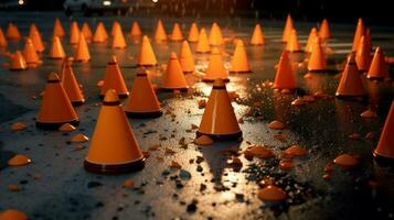 traffic cones scattered on the ground photo