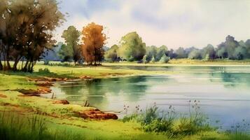 tranquil summer scenery a watercolor painting photo