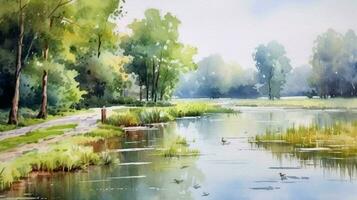 tranquil summer scenery a watercolor painting photo