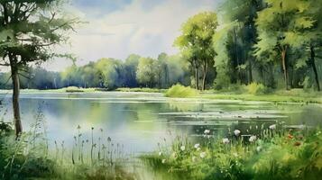 tranquil summer scenery a watercolor painting photo