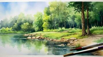 tranquil summer scenery a watercolor painting photo