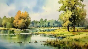tranquil summer scenery a watercolor painting photo