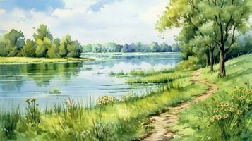 tranquil summer scenery a watercolor painting photo