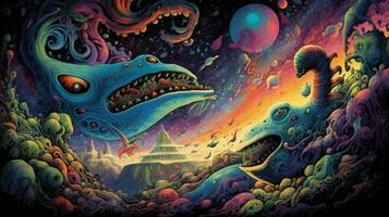 trippy creatures flying in the psychedelic sky photo