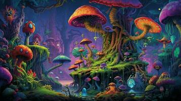 trippy forest with strange and psychedelic creature photo