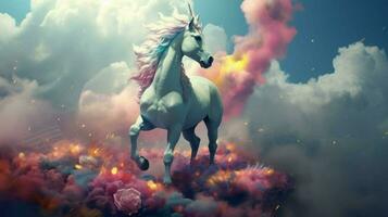 trippy unicornio con sus cabeza en el nubes foto