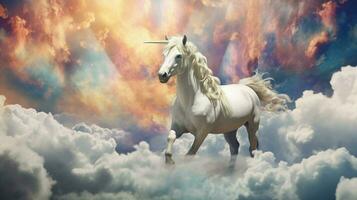 trippy unicornio con sus cabeza en el nubes foto