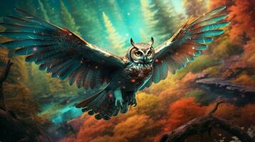 trippy owl flying through ethereal forest photo