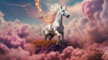 trippy unicornio con sus cabeza en el nubes foto
