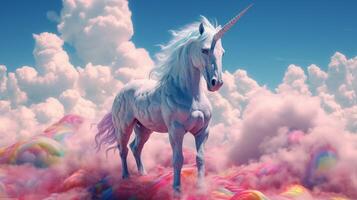 trippy unicornio con sus cabeza en el nubes foto