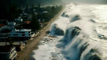 tsunami hits shoreline with massive wave flooding photo