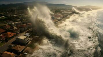 tsunami golpes orilla con masivo ola inundación foto