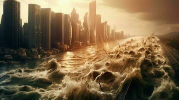 tsunami y costero inundación en un moderno metropol foto