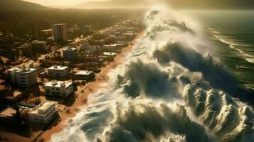 tsunami golpes orilla con masivo ola inundación foto