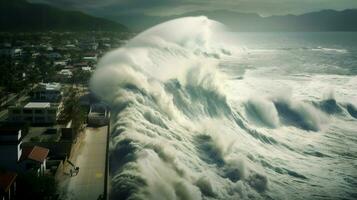 tsunami hits shoreline with massive wave flooding photo