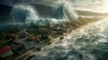 tsunami hits shoreline with massive wave flooding photo