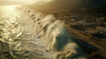 tsunami hits shoreline with massive wave flooding photo