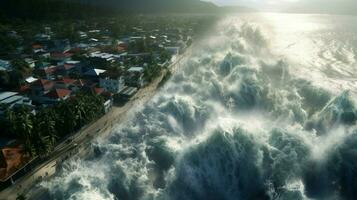 tsunami golpes orilla con masivo ola inundación foto