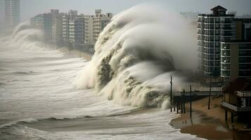 tsunami hits shoreline with massive wave flooding photo