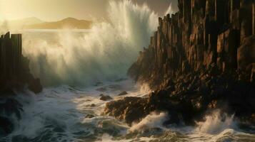 tsunami wave crashes against jagged rocks photo