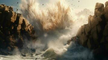 tsunami wave crashes against jagged rocks photo