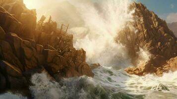 tsunami wave crashes against jagged rocks photo