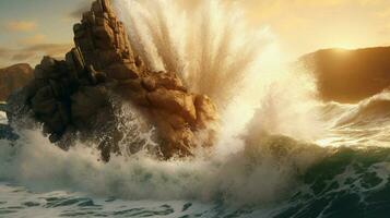 tsunami wave crashes against jagged rocks photo